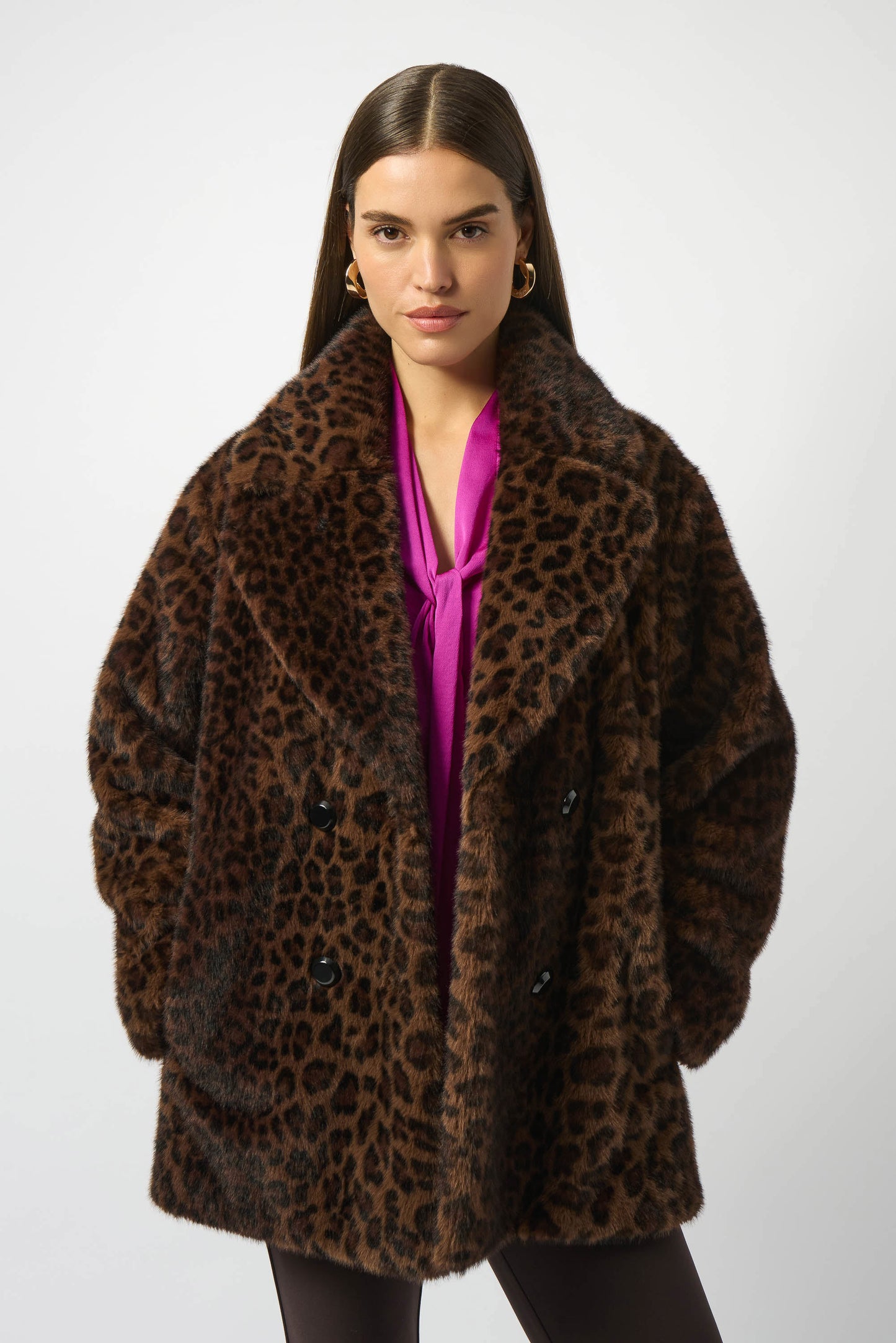 Faux Fur Leopard Print Double-Breasted Coat. Style JR253937