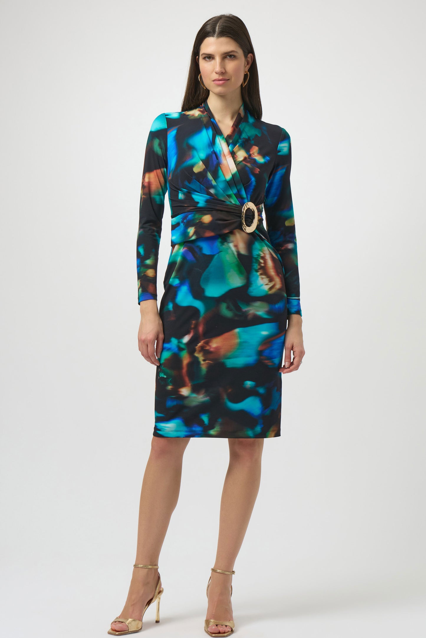 Abstract Print Gold Buckle Wrap Dress. Style JR254070