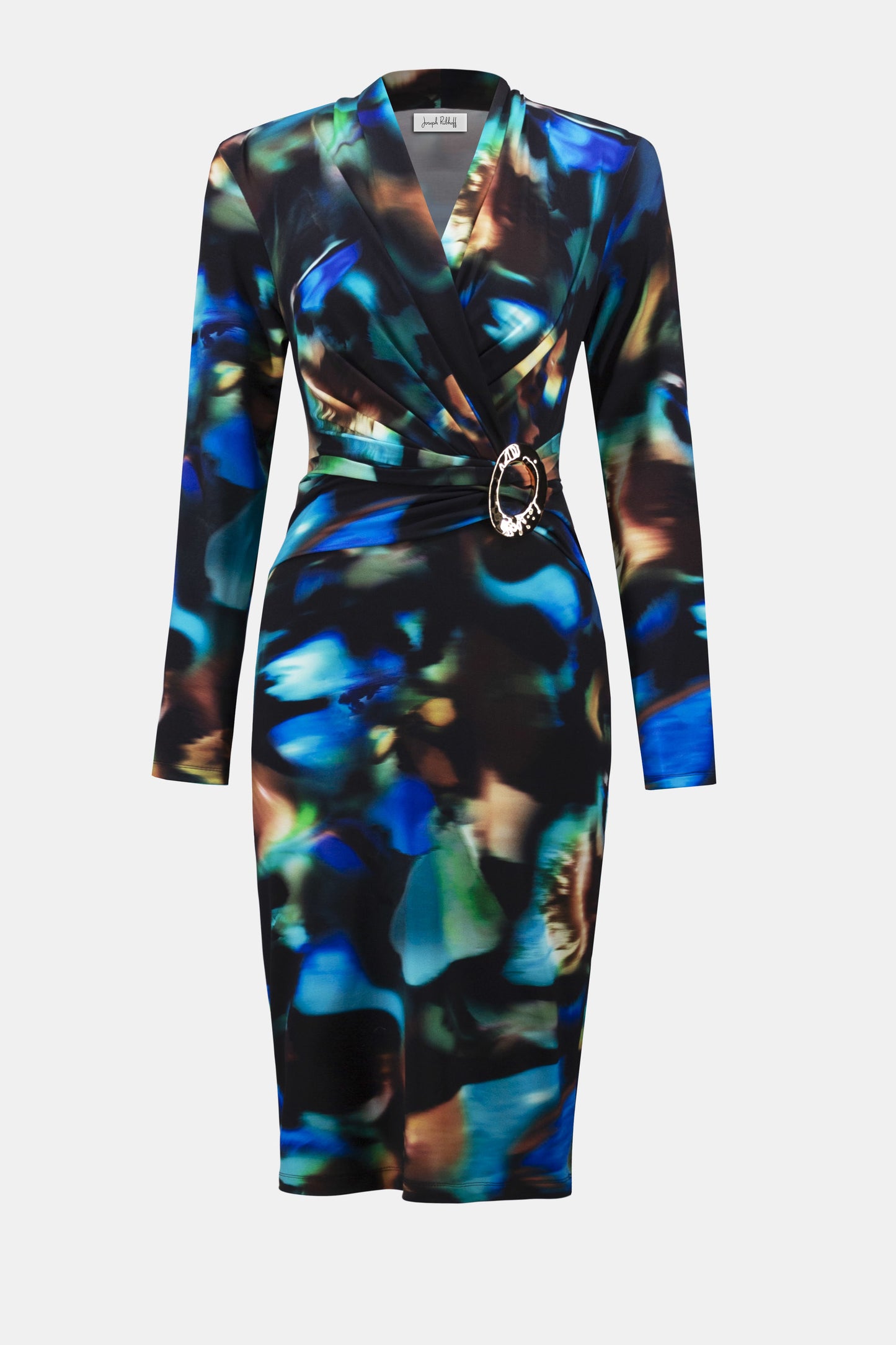 Abstract Print Gold Buckle Wrap Dress. Style JR254070