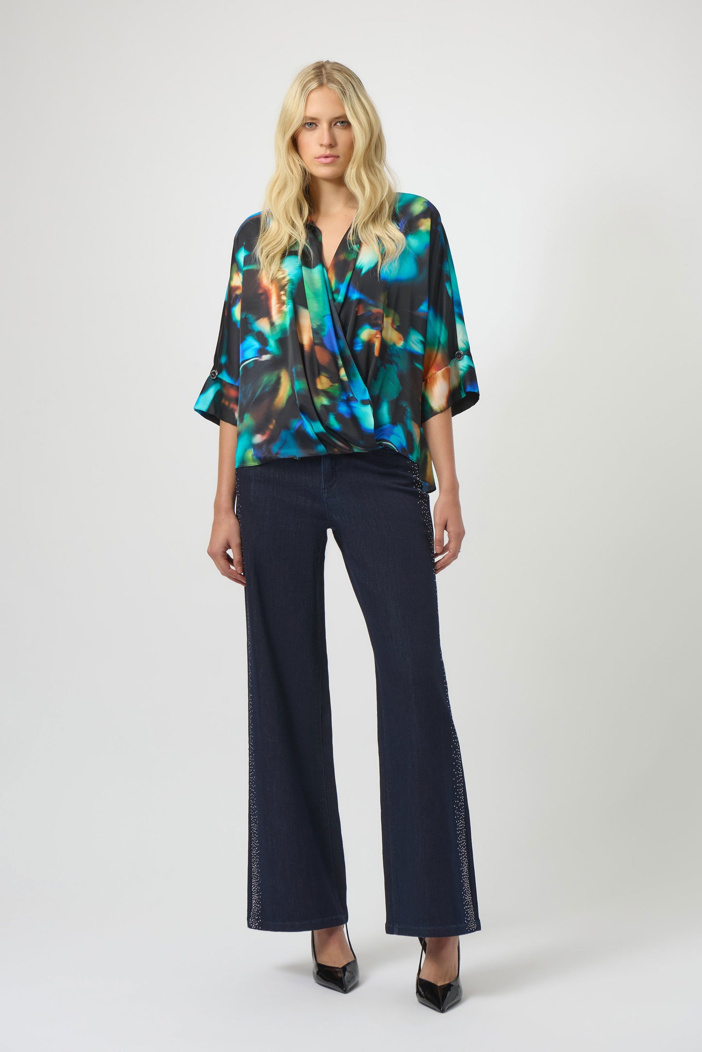 Satin Abstract Print Draped Front Top. Style JR254097