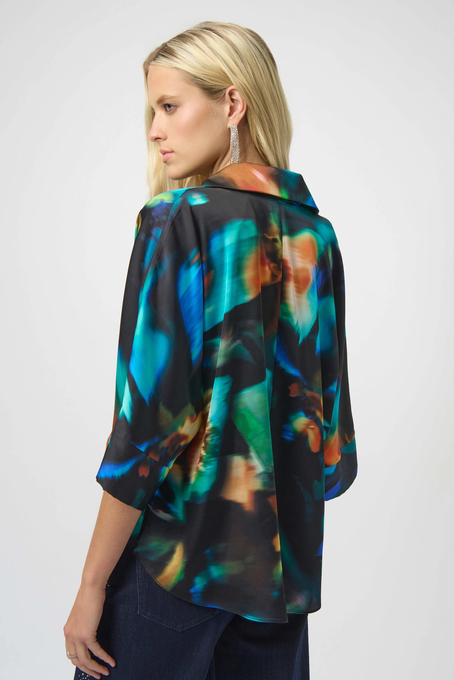 Satin Abstract Print Draped Front Top. Style JR254097