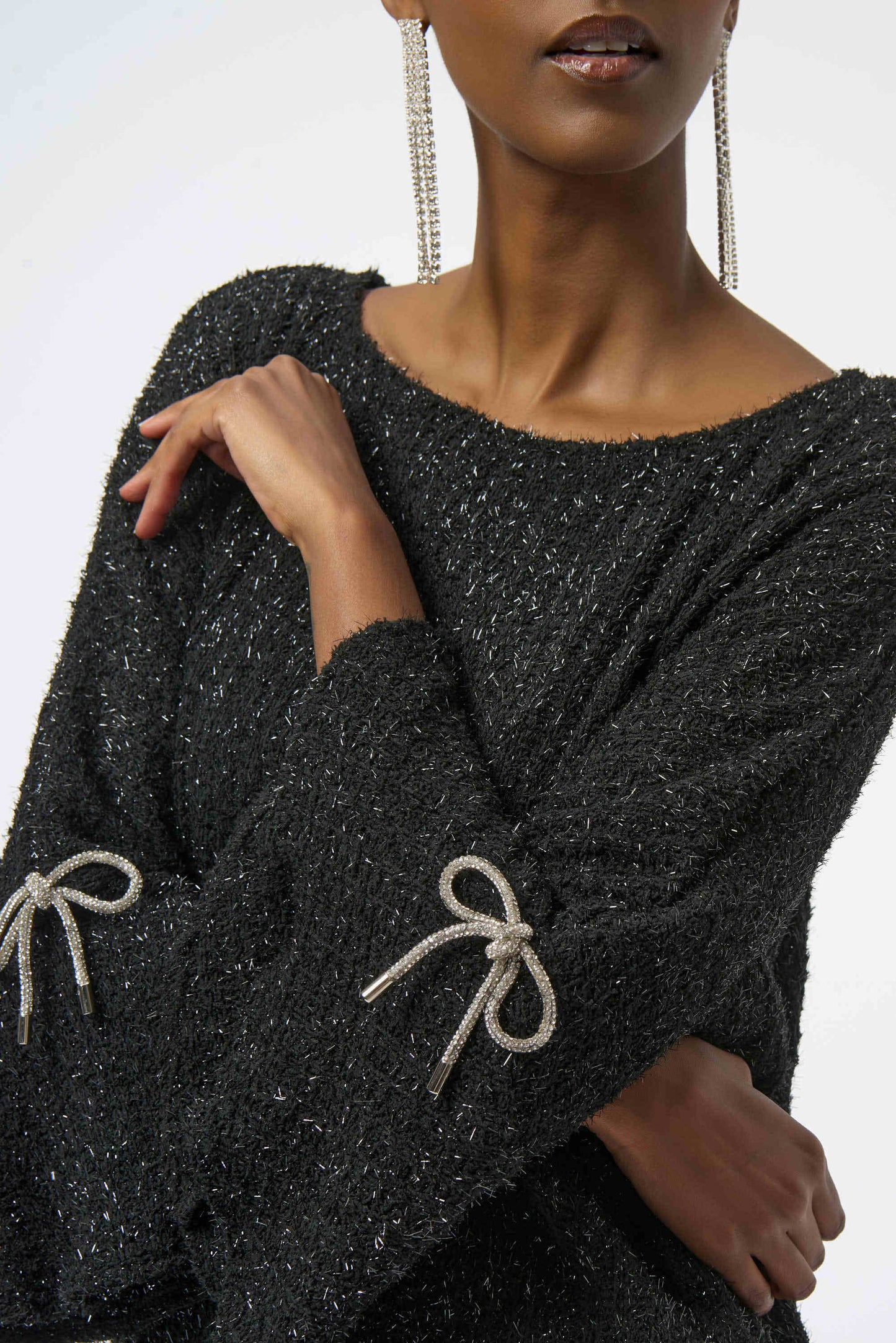 Fuzzy Metallic Rhinestone Bows Top. Style JR254098