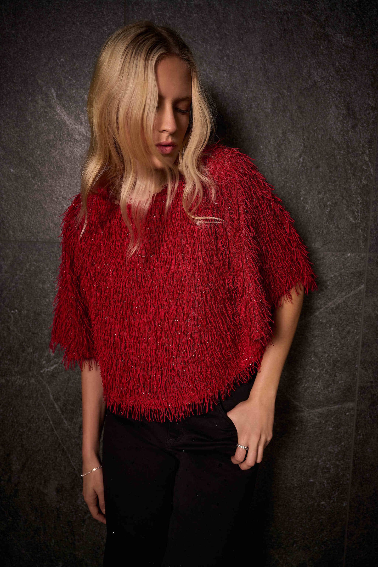 Red Eyelash Fringe Boxy Top. Style JR254105