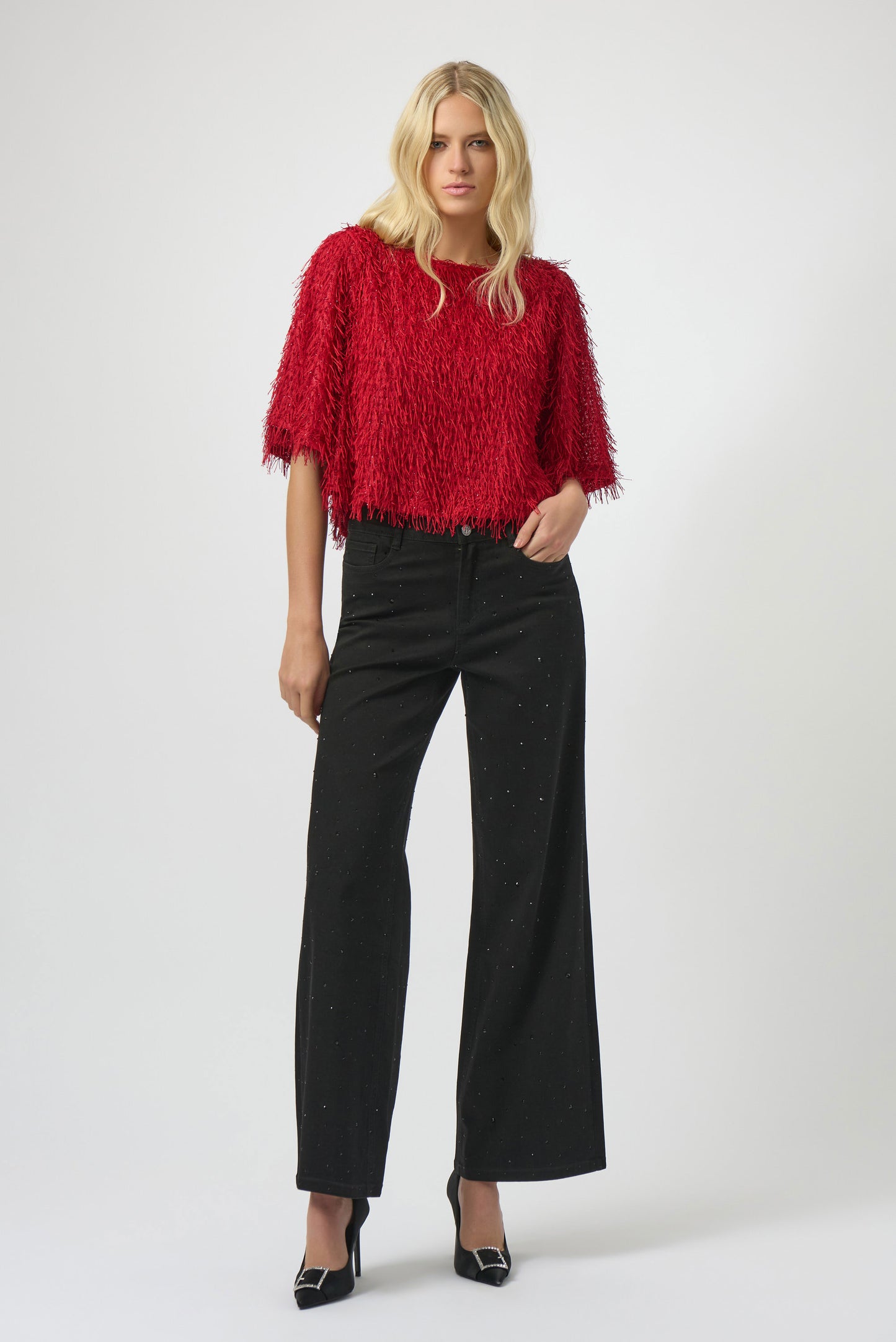 Red Eyelash Fringe Boxy Top. Style JR254105