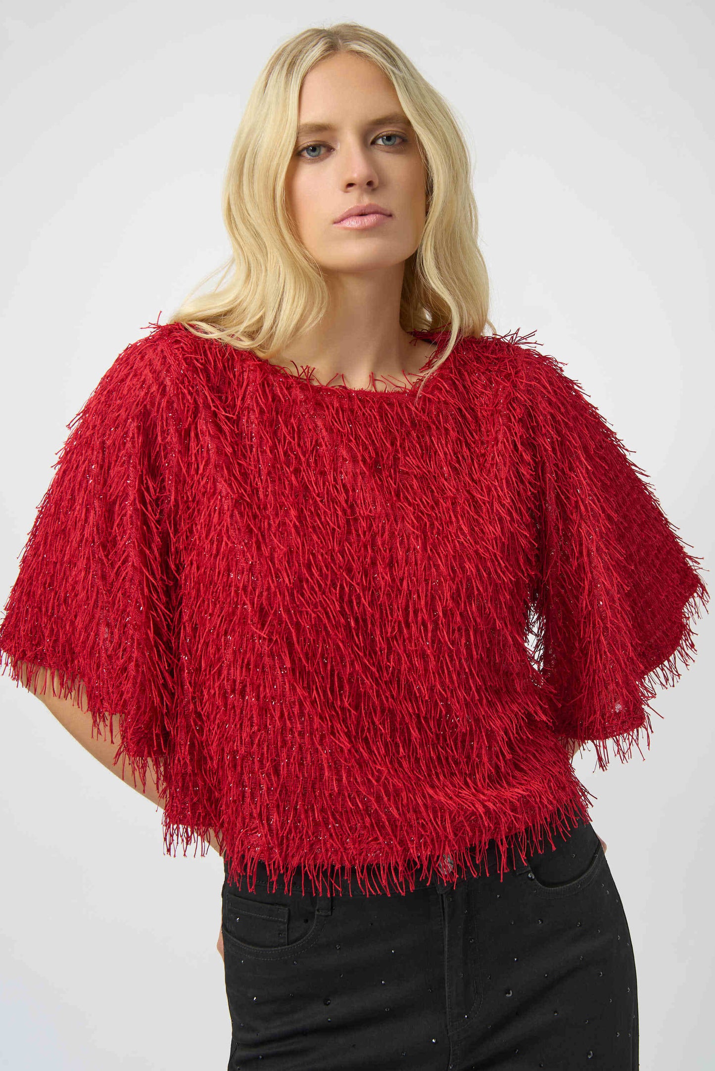 Red Eyelash Fringe Boxy Top. Style JR254105