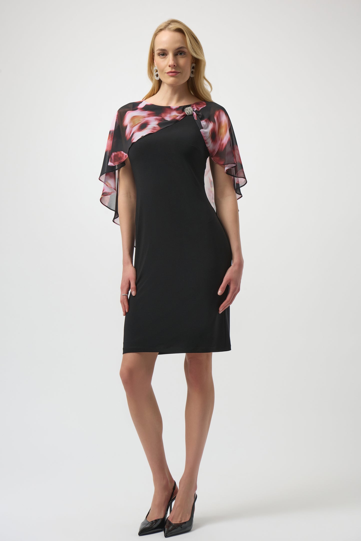 Floral Chiffon Cape Layered Dress. Style JR254164