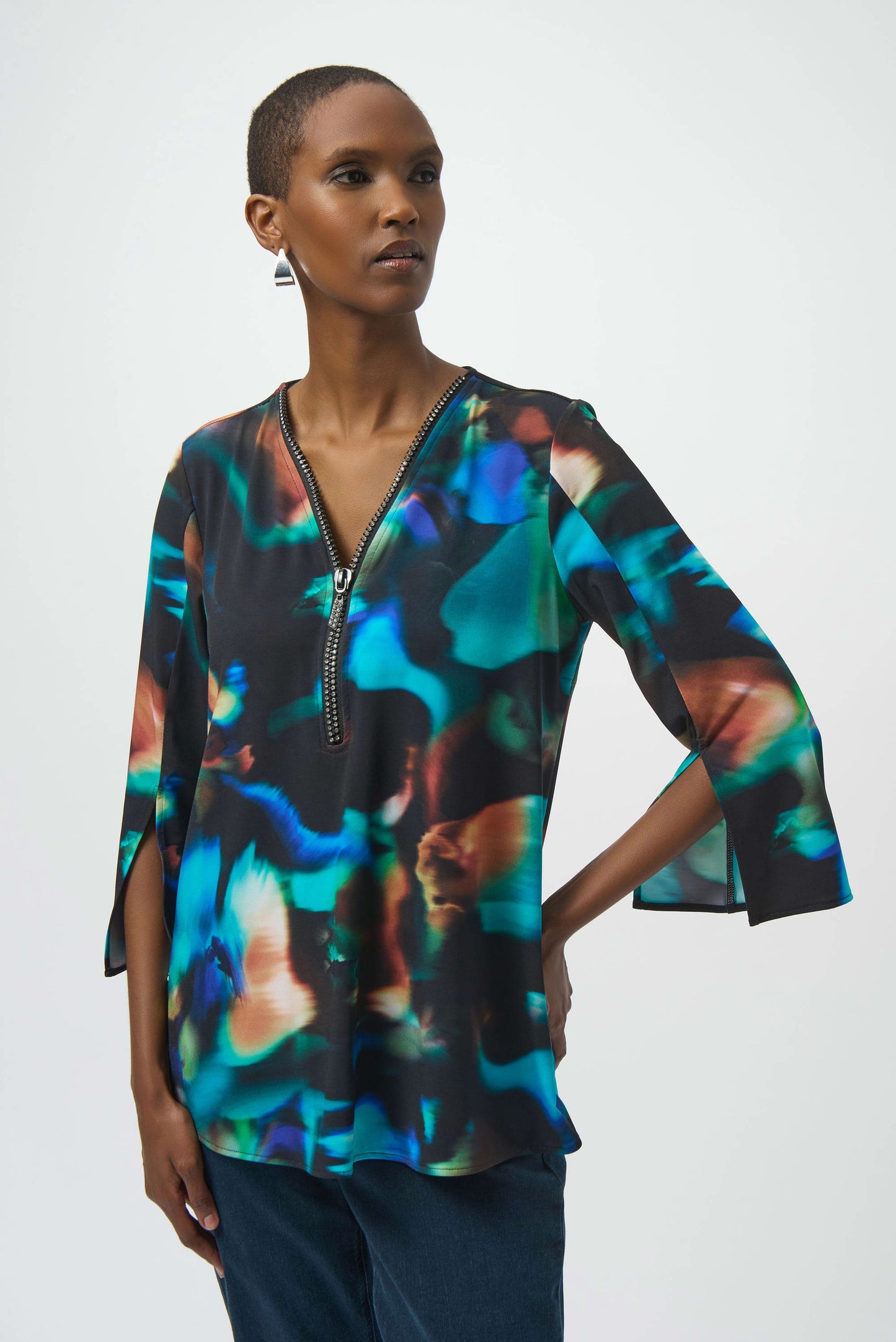Zipper Neckline Rhinestone Detail Tunic. Style JR254204