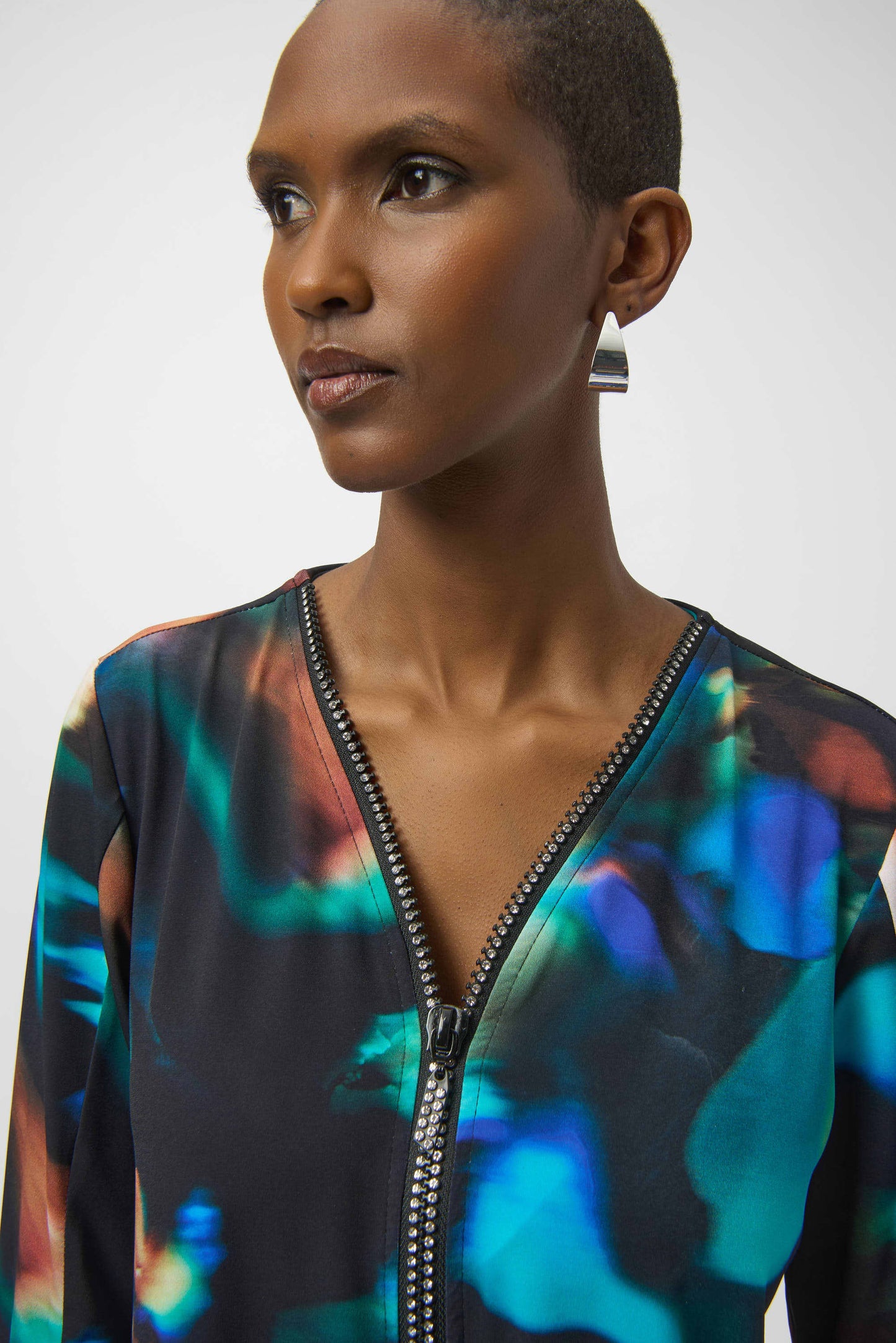 Zipper Neckline Rhinestone Detail Tunic. Style JR254204