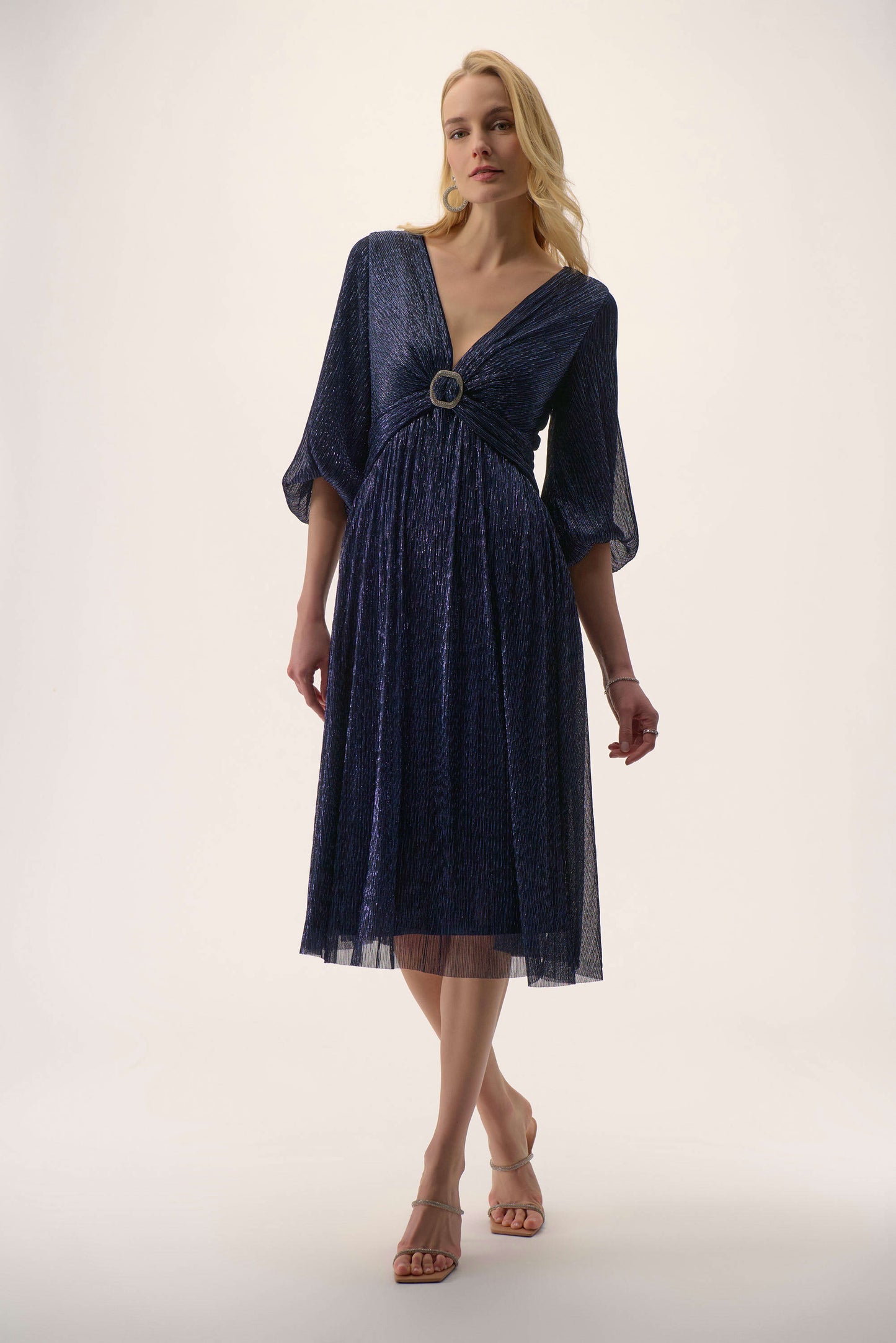 Sparkle Mesh Plissé Fit and Flare Midi Dress. Style JR254735