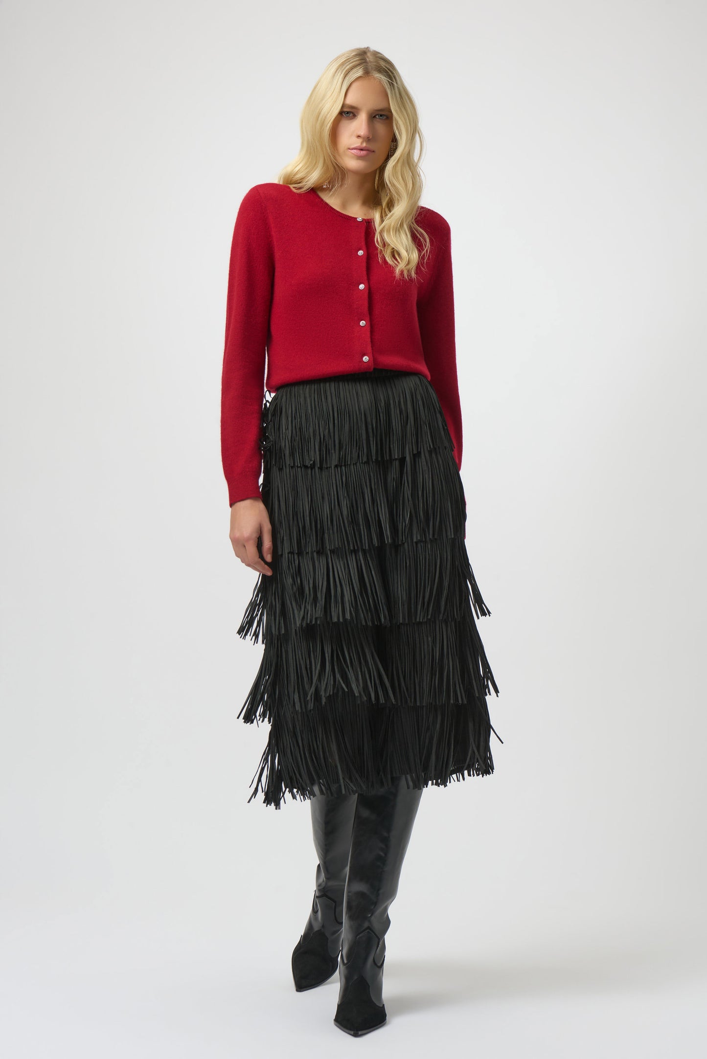 Tiered Fringe Pleated Pencil Skirt. Style JR254901