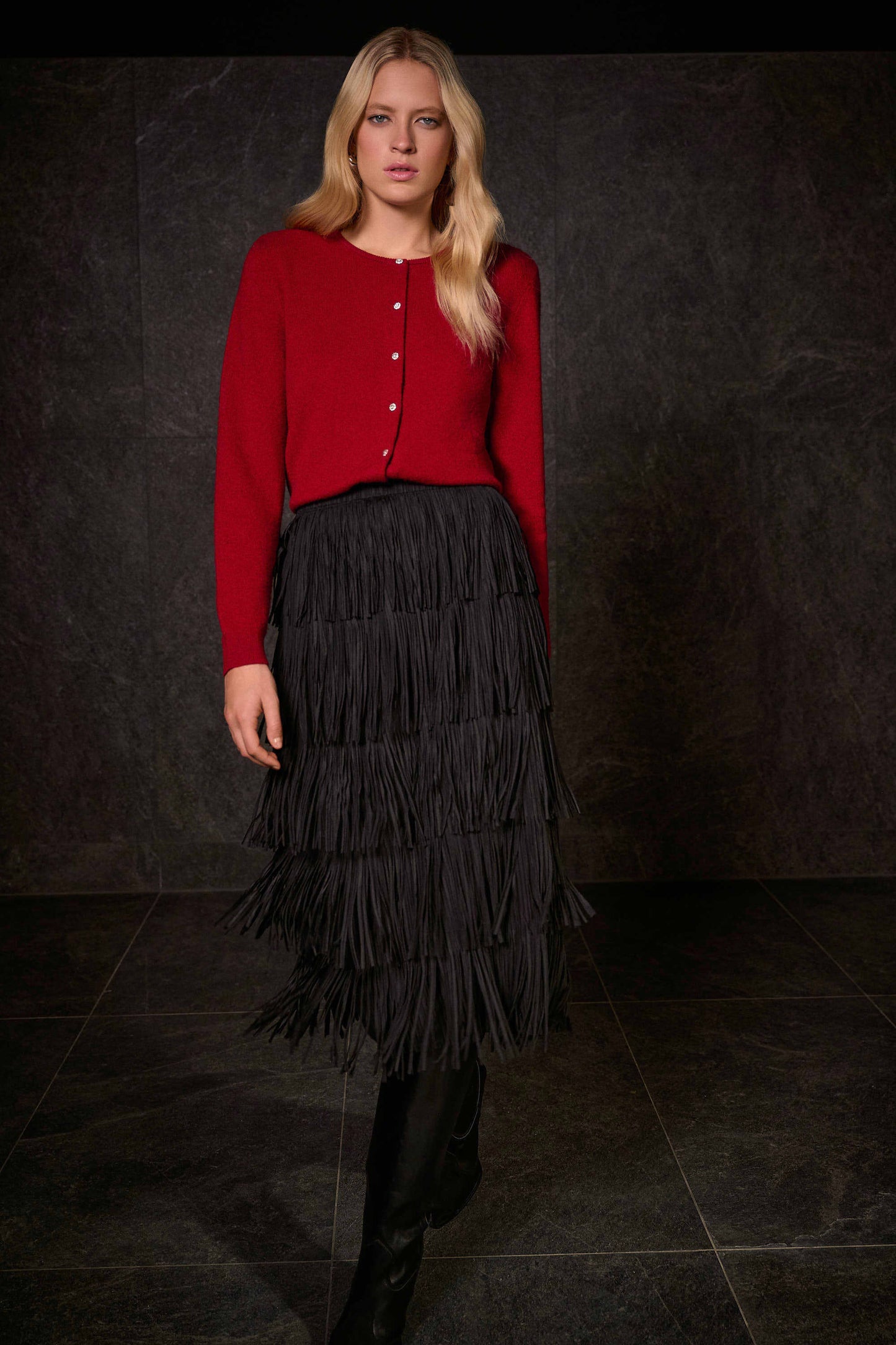 Tiered Fringe Pleated Pencil Skirt. Style JR254901