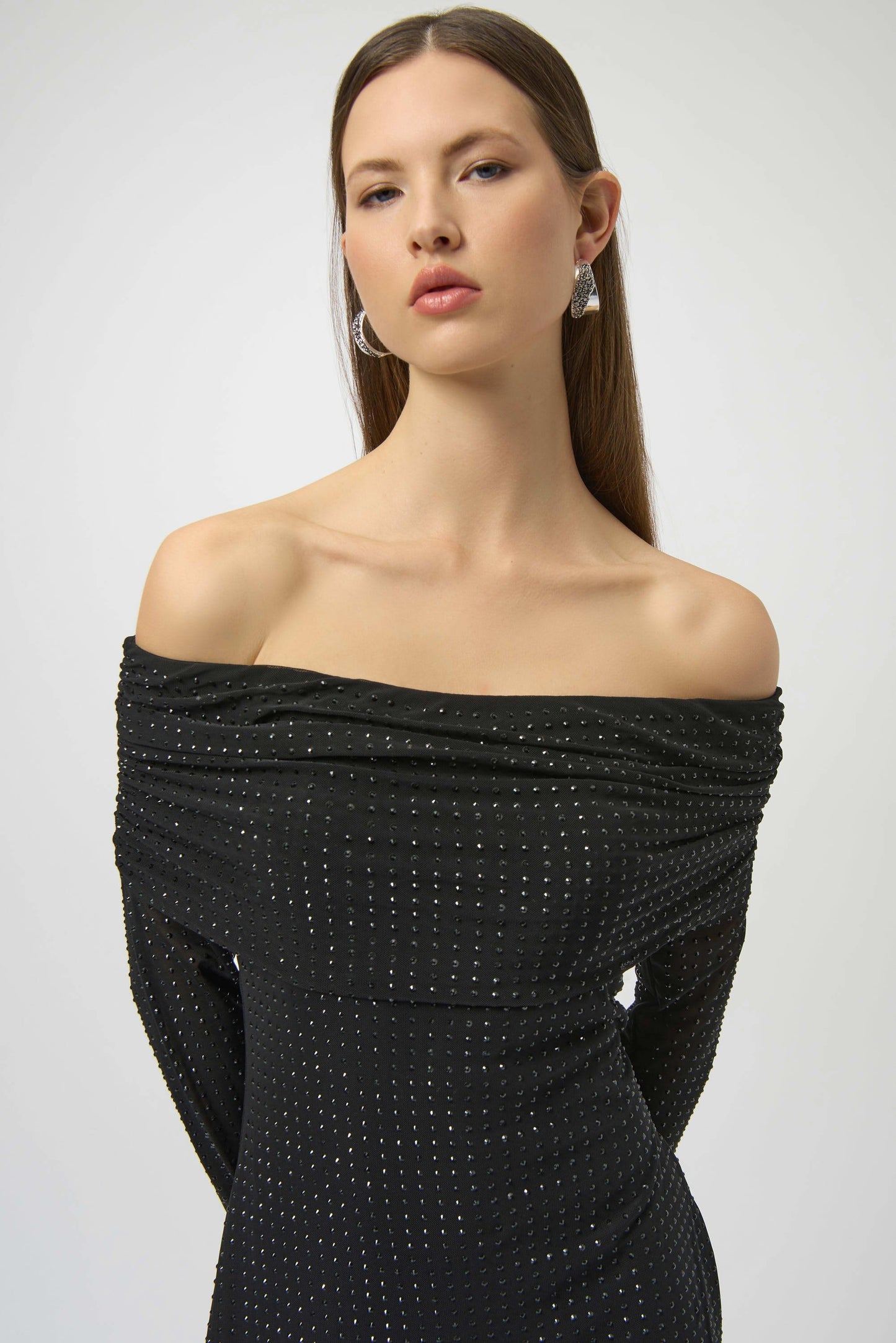Rhinestone Mesh Off-Shoulder Midi Dress. Style JR254913