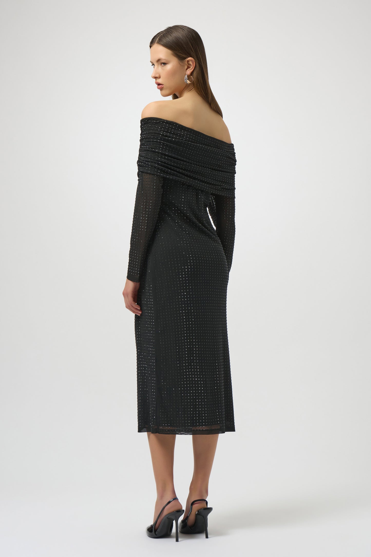 Rhinestone Mesh Off-Shoulder Midi Dress. Style JR254913