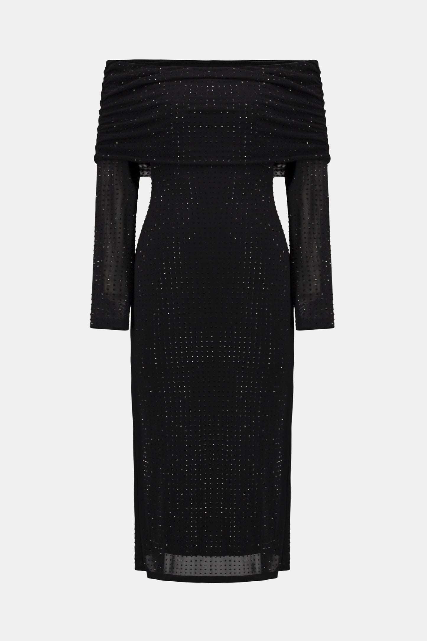 Rhinestone Mesh Off-Shoulder Midi Dress. Style JR254913