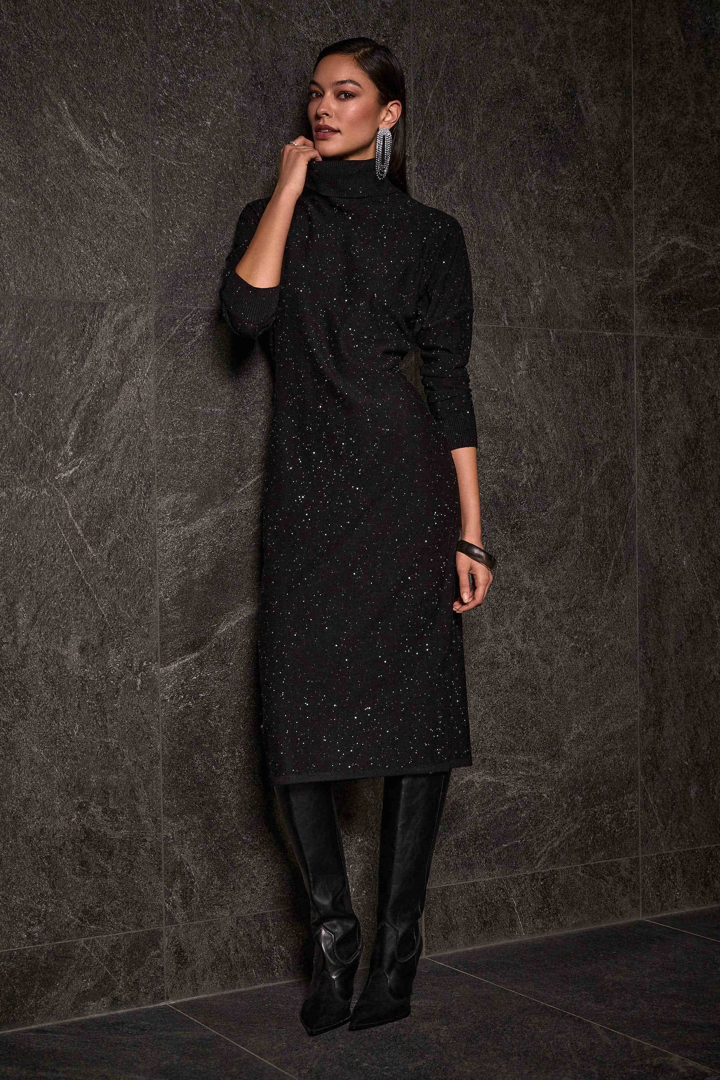 Sequined Sweater Knit Turtleneck Sheath Dress. Style JR254932