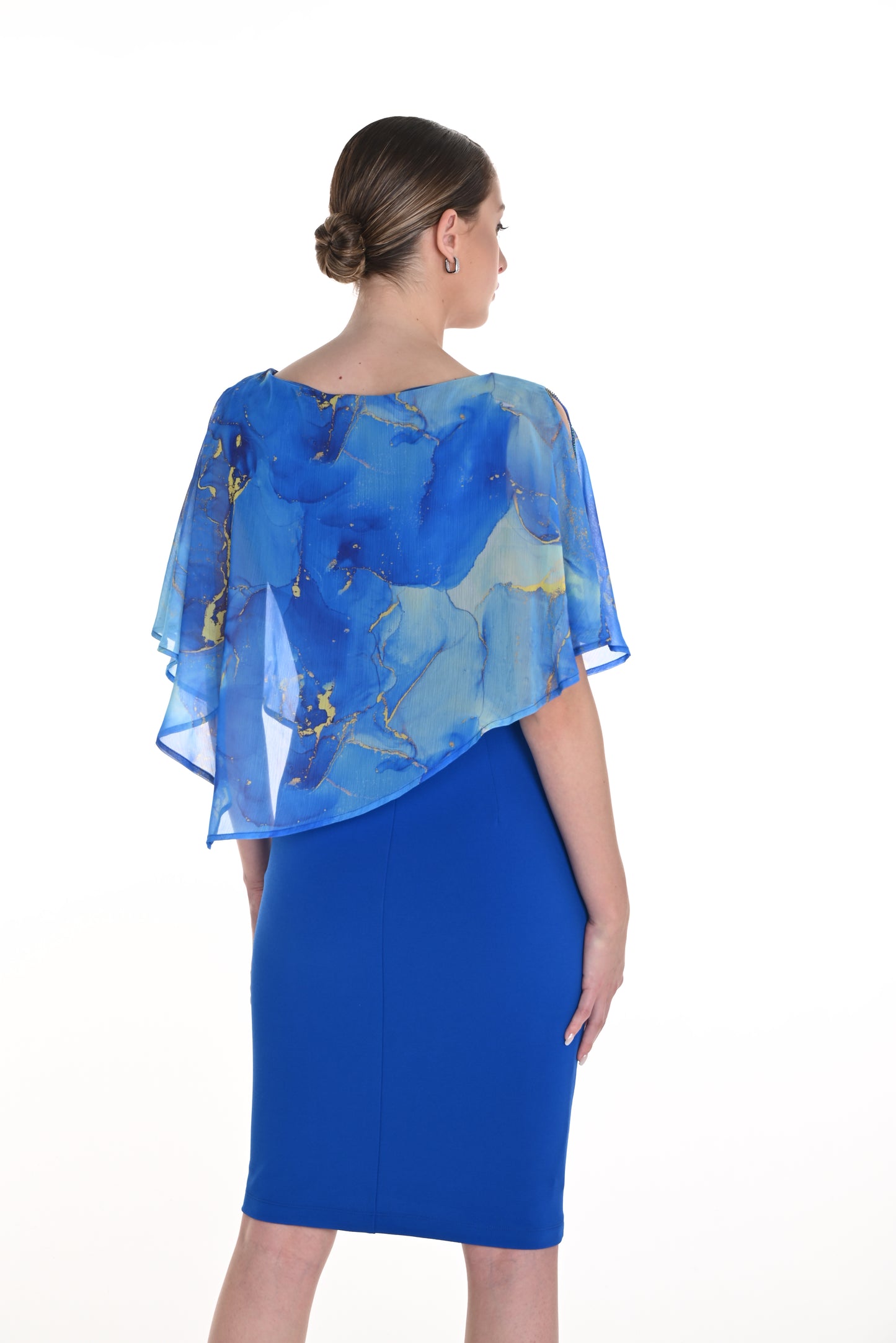 Metallic Gold Shimmer Chiffon Cape Dress. Style FL258162