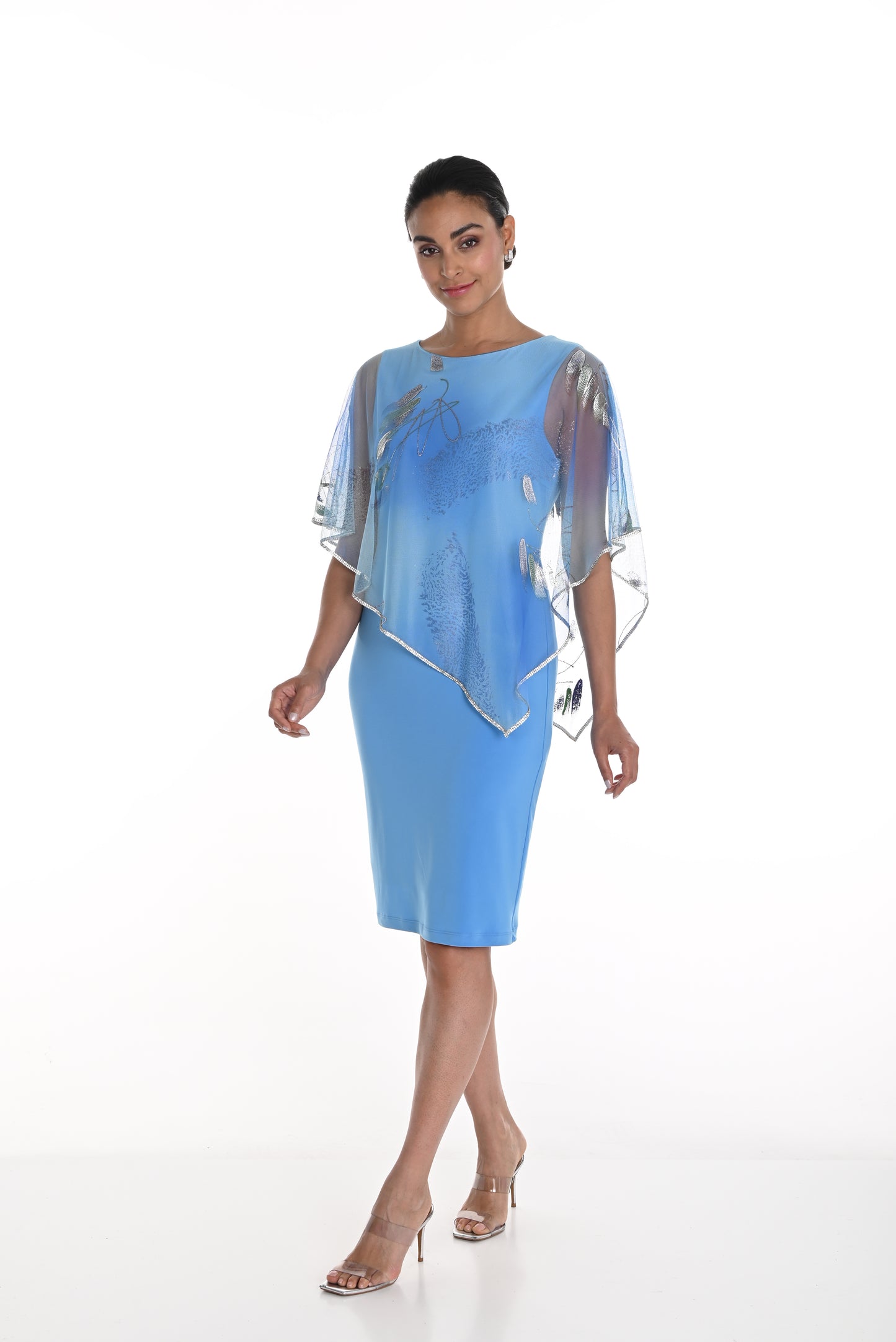 Abstract Brush Stroke Chiffon Cape Overlay Dress. Style FL258208