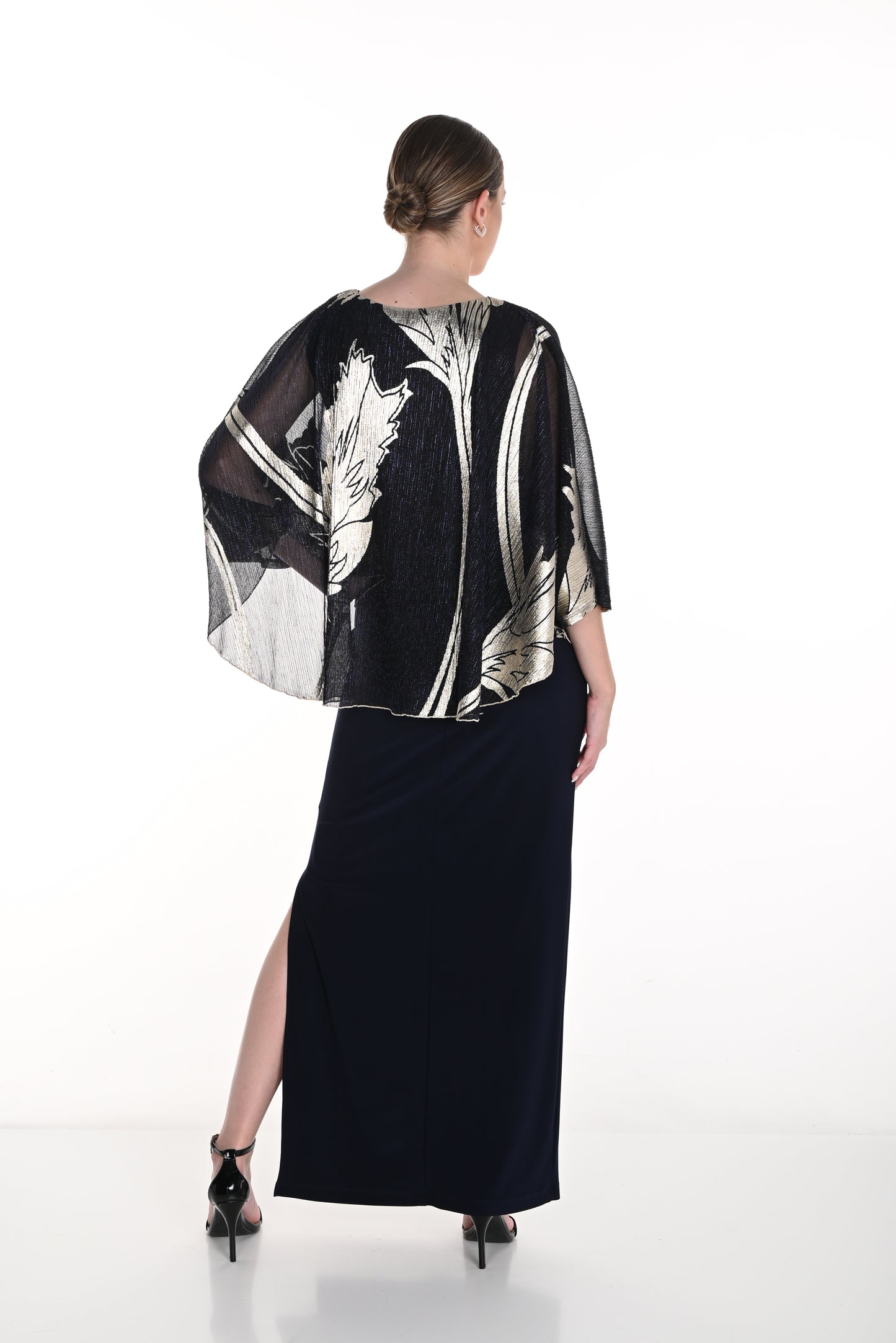 Chiffon Gold & Navy Overlay Gown. Style FL258325