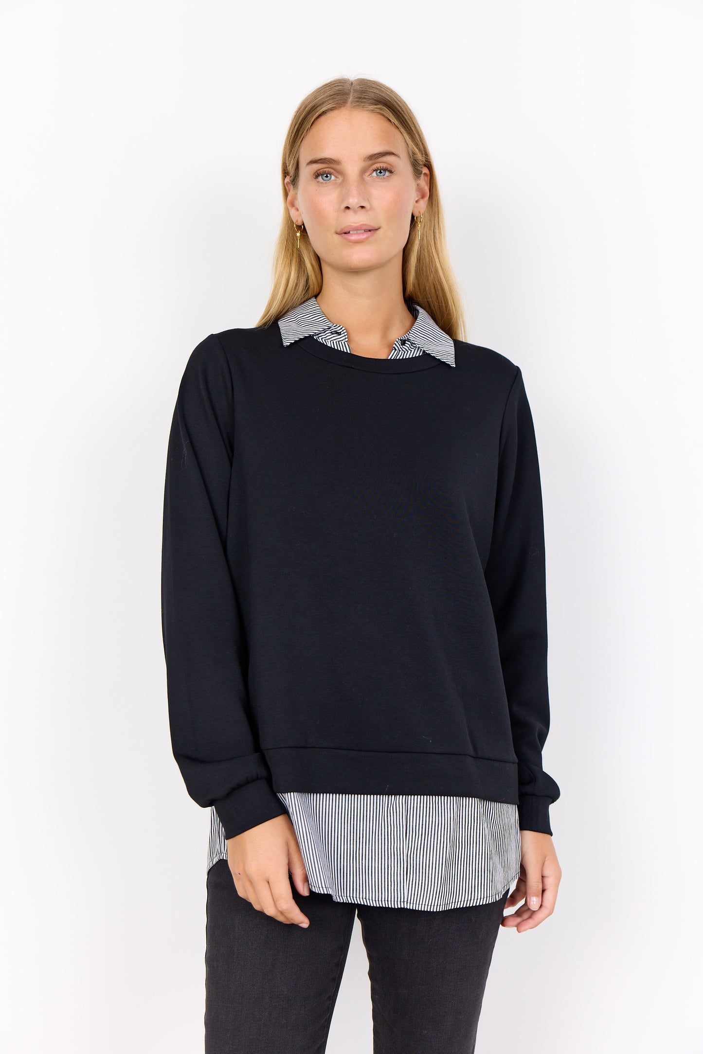 Striped & Black Long Sleeve Collar Layered Top. Style SOYA4F27274