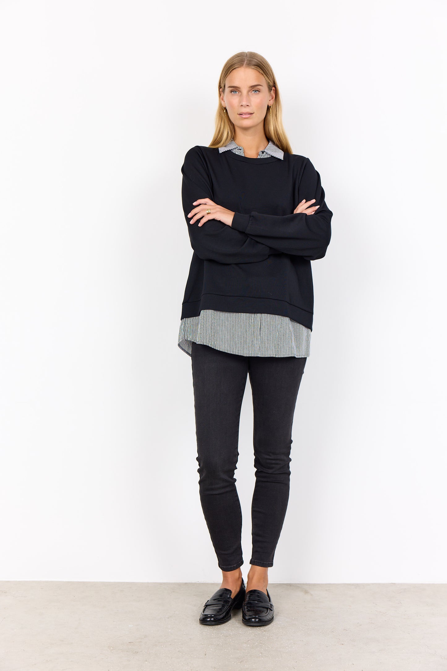 Striped & Black Long Sleeve Collar Layered Top. Style SOYA4F27274