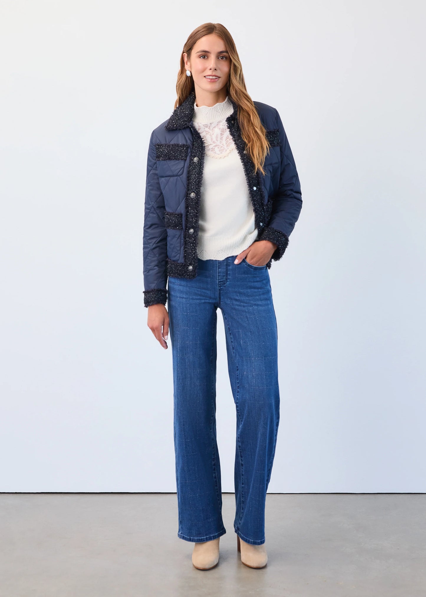 Pull-On Wide Leg Silver Checkered Jeans. Style FD2931669