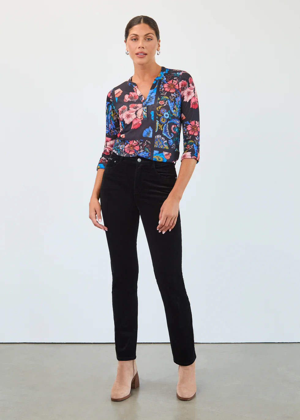 3/4 Sleeve Henley Botany Patchwork Top. Style FD3799451