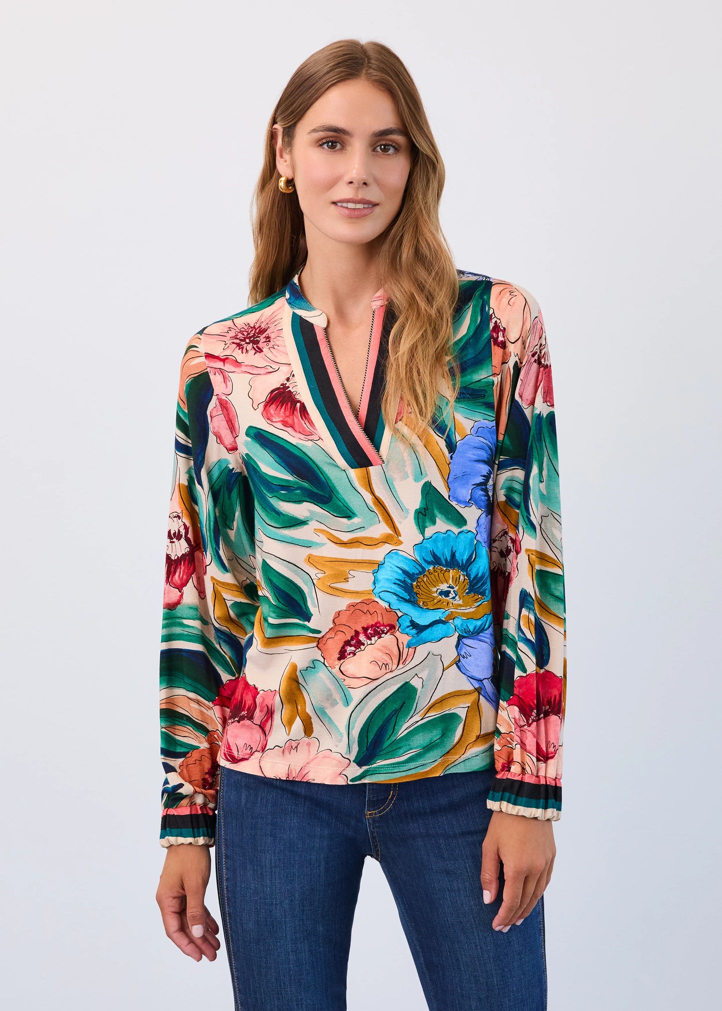 Long Sleeve Floral Print Elastic Cuff Top. Style FD3800153