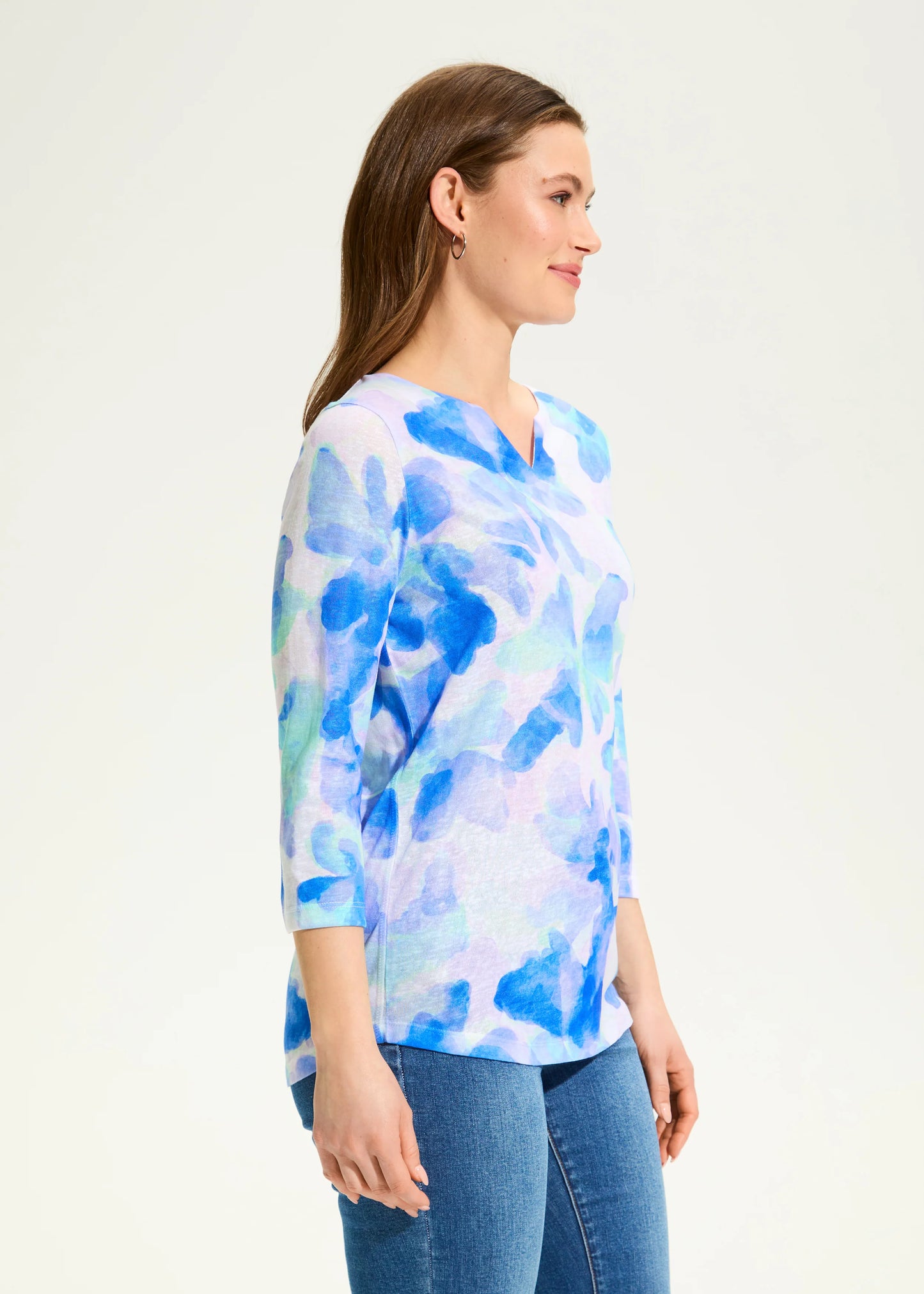 3/4 Sleeve Notch Neck Top, Watercress Blue. Style FD3847451