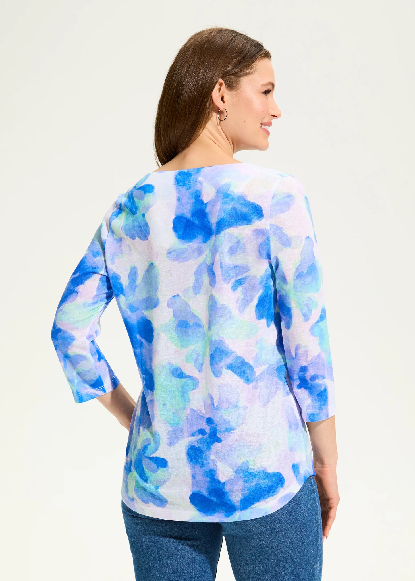 3/4 Sleeve Notch Neck Top, Watercress Blue. Style FD3847451