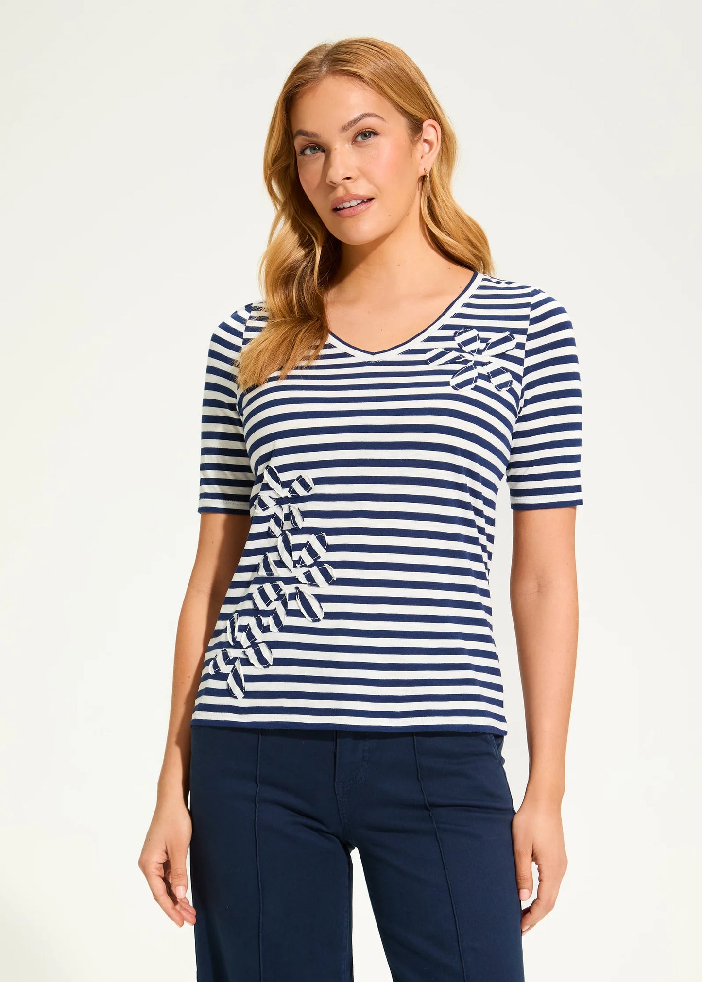 Navy & White Stripe Appliqué Top. Style FD3899476