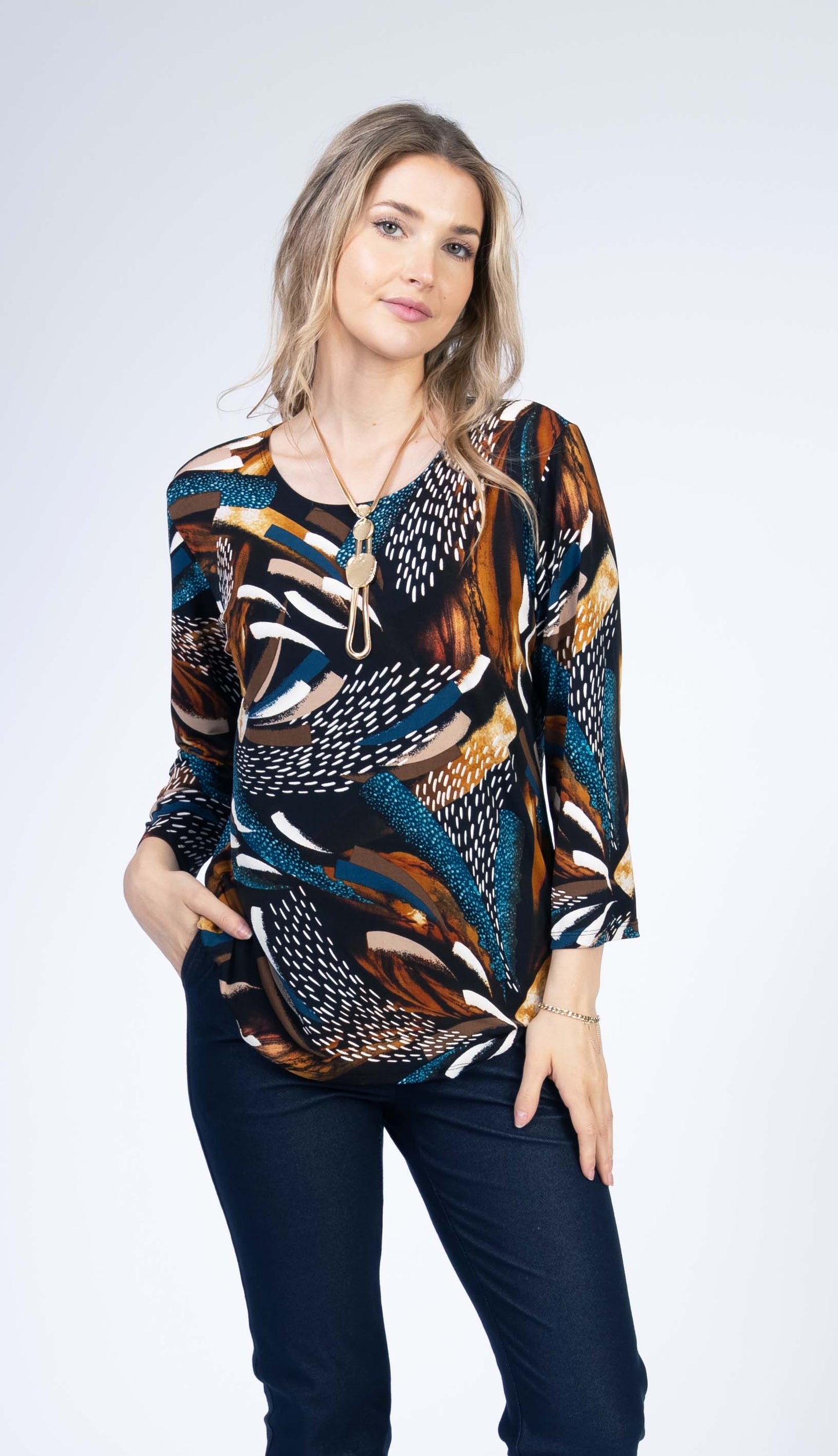 Petite 3/4 Sleeve Round Neck Top. Style JDA4251-P7