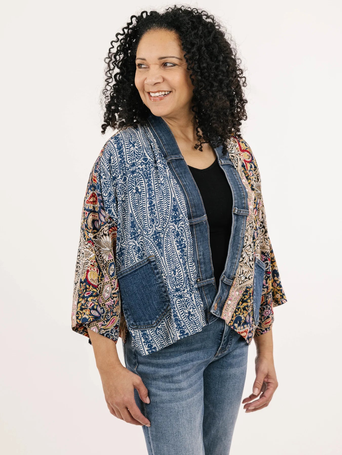 Printed & Denim Trim Open Front Loose Cardigan. Style SHNP5262