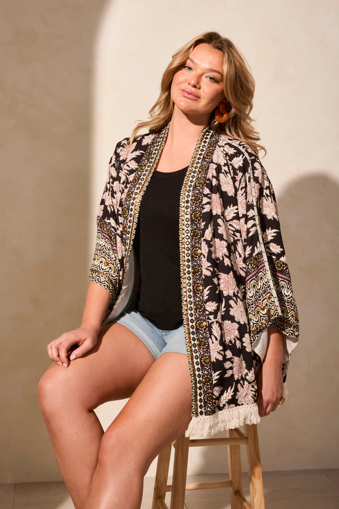 Embelished Kimono Sleeve Fringed Jacket. Style TR5856O-4930