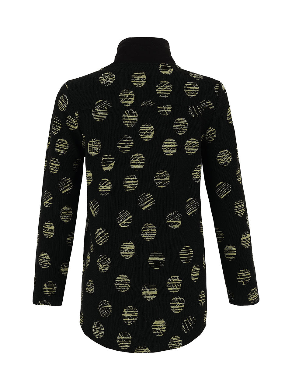 Zip Front Funnel Collar Green Dot Print Sweater. Style DOLC75146