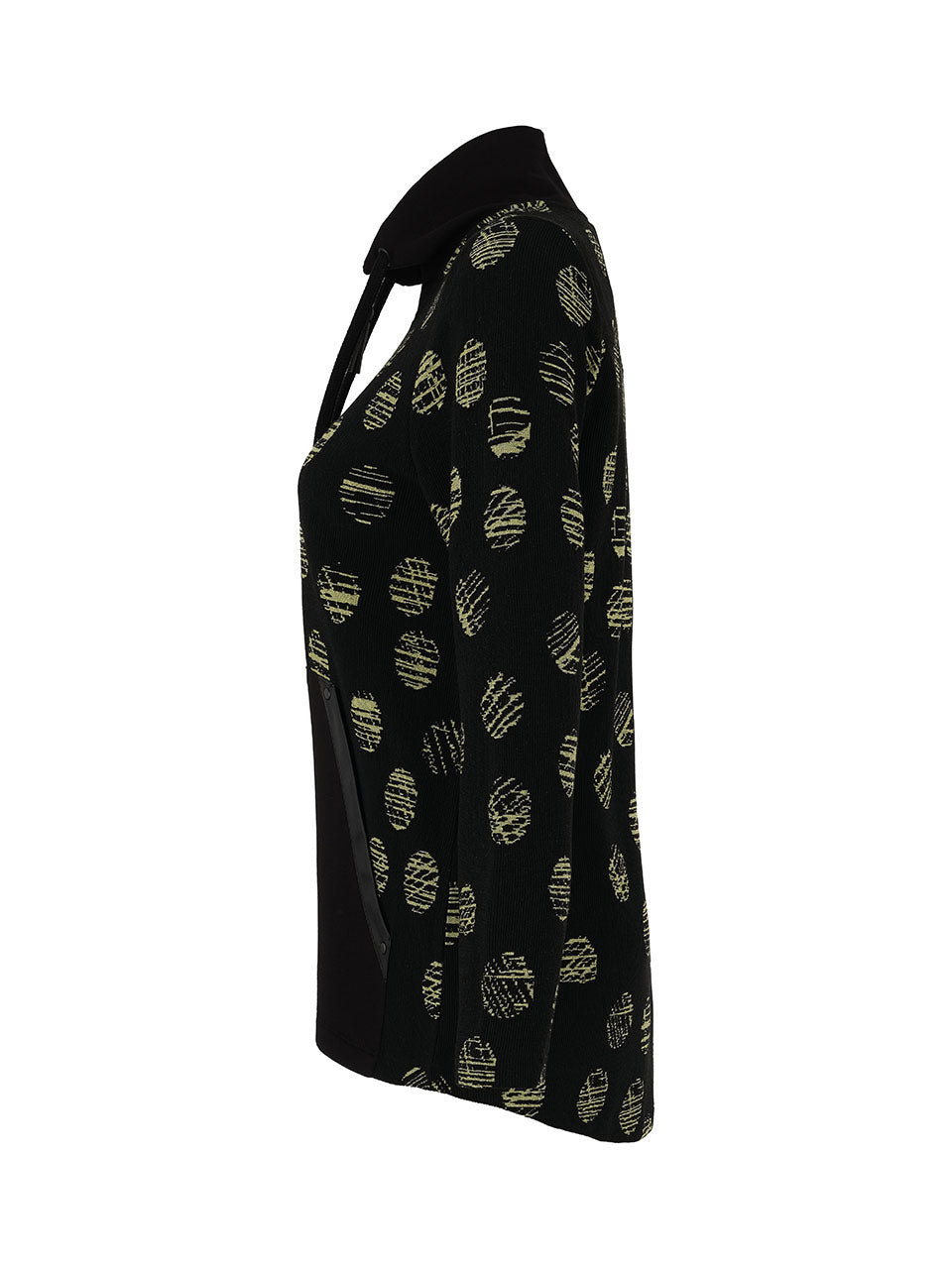 Zip Front Funnel Collar Green Dot Print Sweater. Style DOLC75146