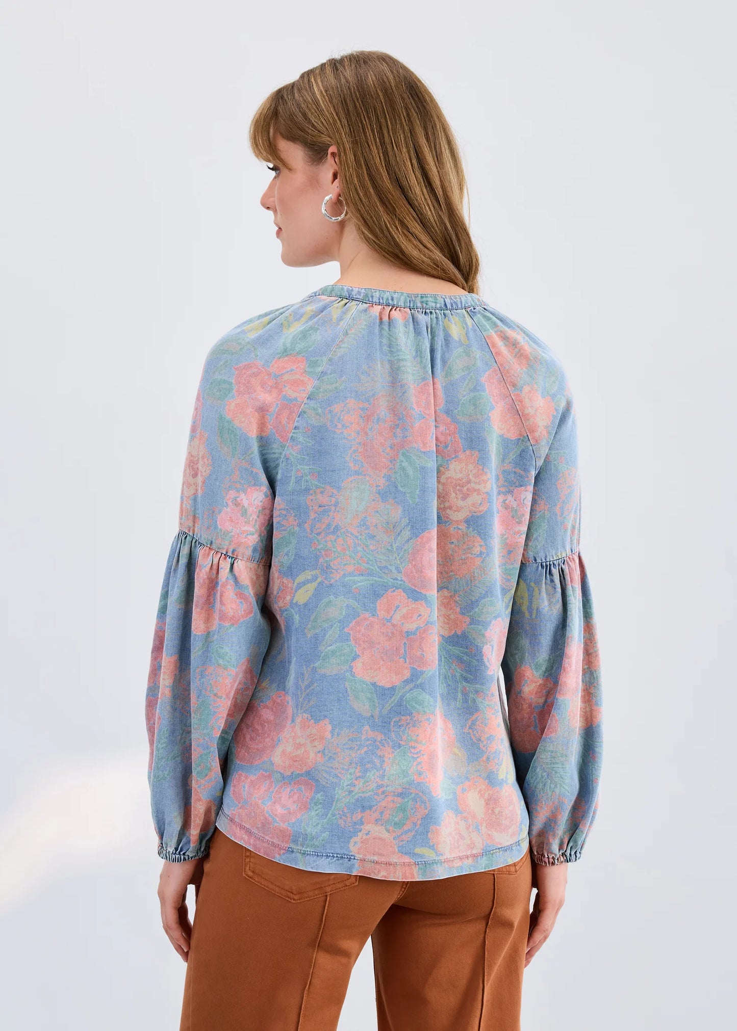 Floral Print Faded Denim Wash Top. Style Style FD7674846