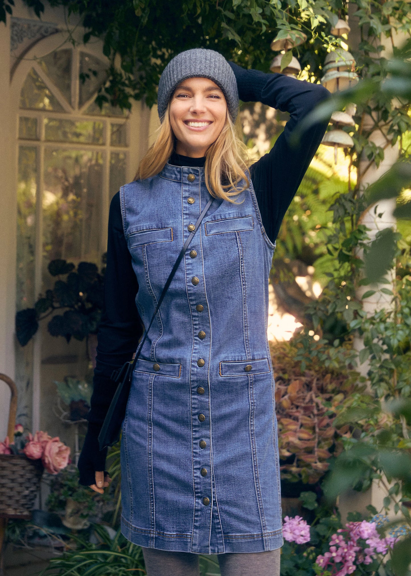 Long Button Front Denim Vest Dress. Style FD7731809