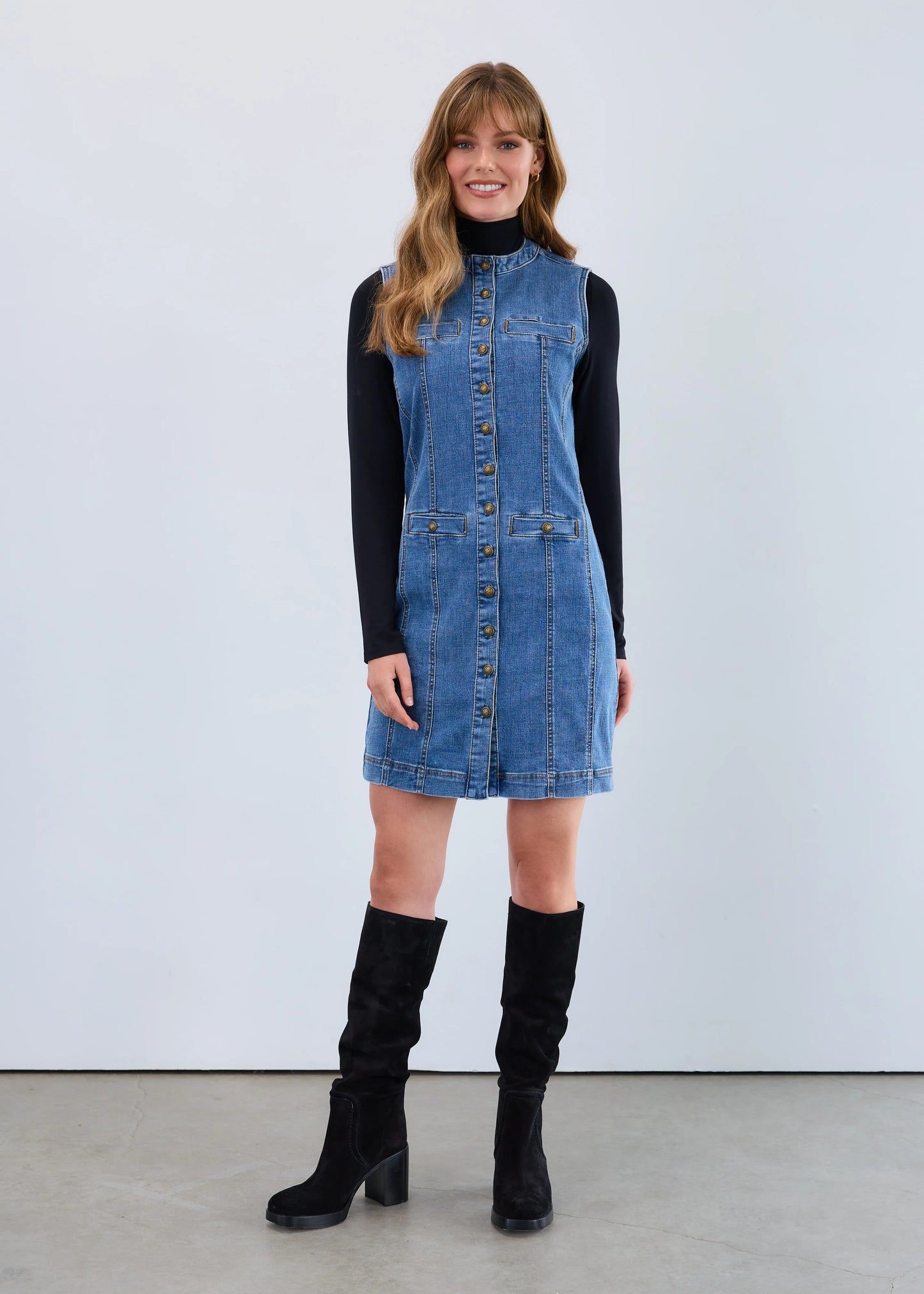 Long Button Front Denim Vest Dress. Style FD7731809