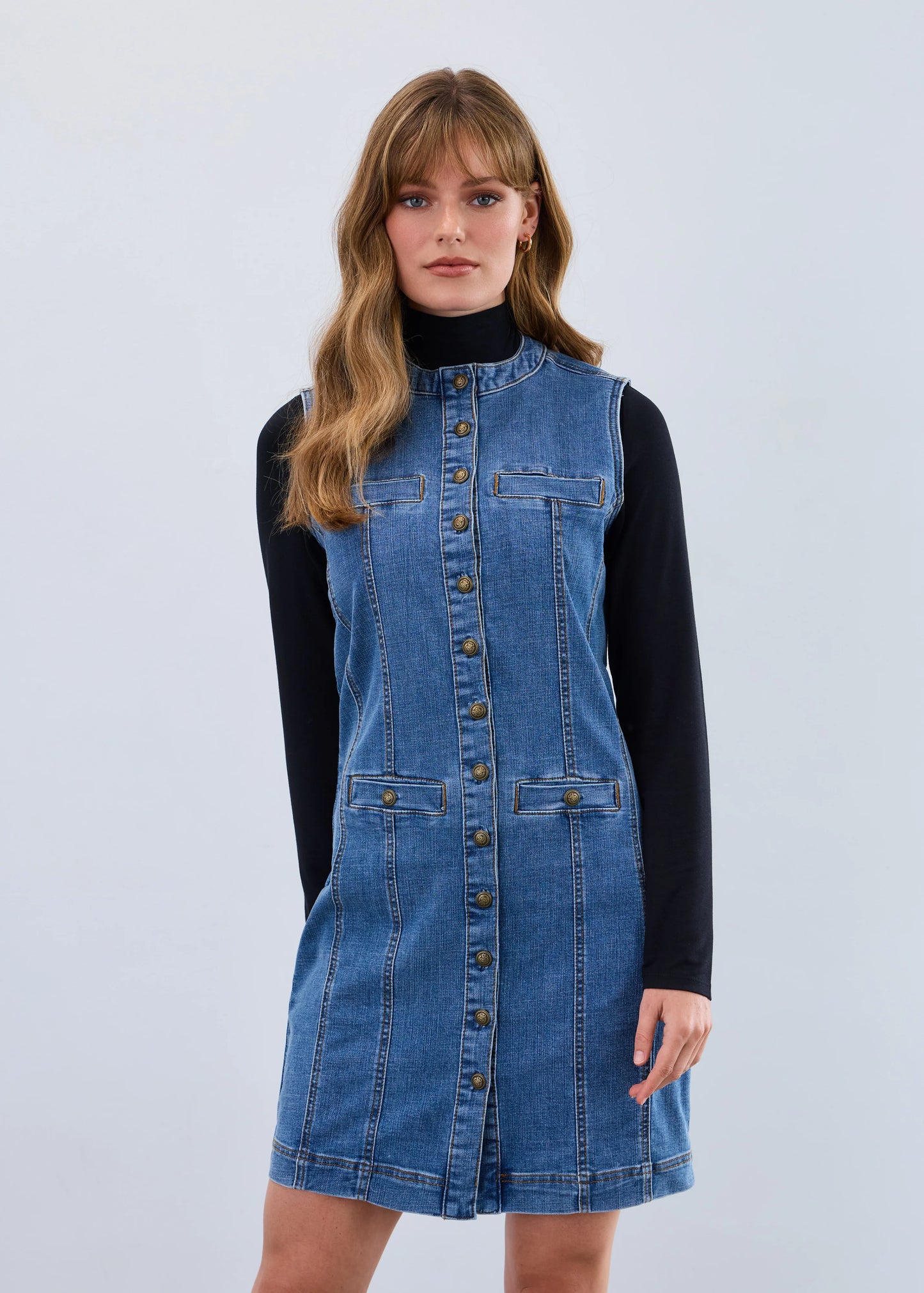 Long Button Front Denim Vest Dress. Style FD7731809