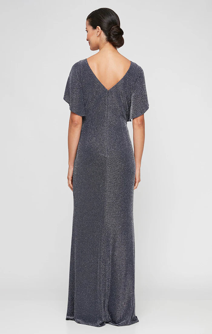 Front Slit Flutter Sleeve Sparkle Gown. Style ALE8127630