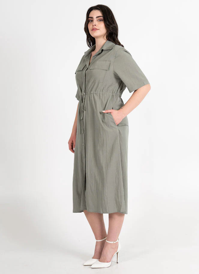Rayon Blend Tie Waist Shirt Dress. Style CMCED6422