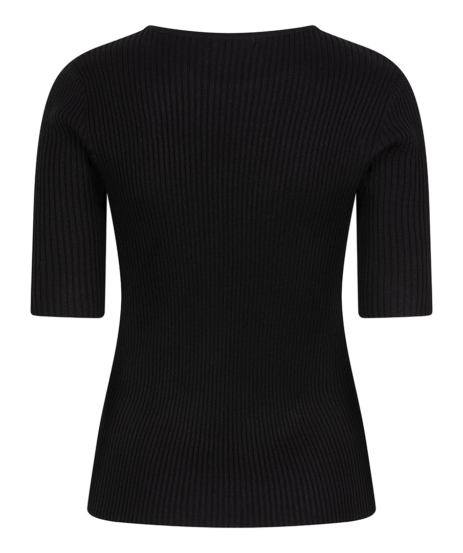 Ribbed Knit Half Sleeve Basic Black Top. Style ESQ27507