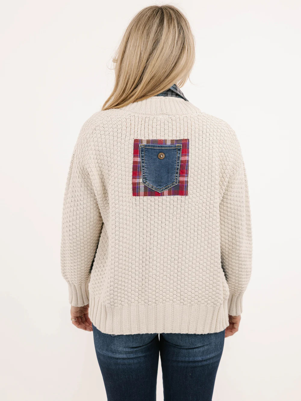 Denim Pockets & Flannel Strip Cardigan. Style SHNP5592