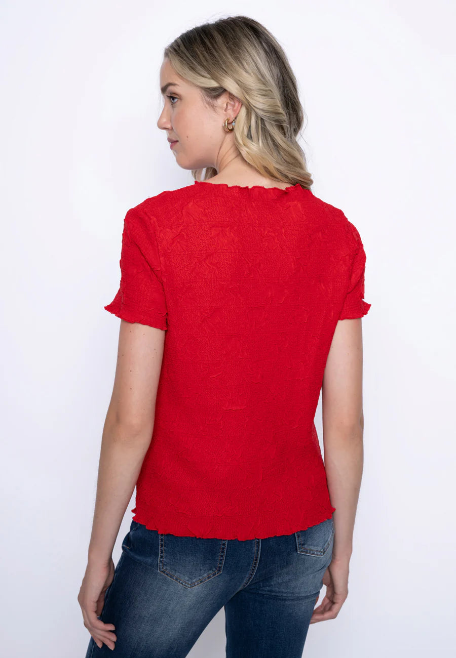 Short Sleeve Tomato Colour Pleated Top. Style PYGM214