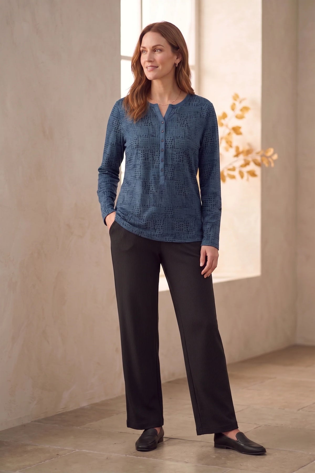 Long Sleeve Dot Print Henley Top. Style WP1274