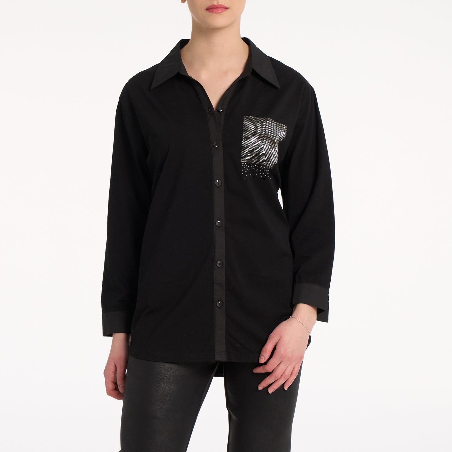 Button Front Rhinestone Pocket Shirt. Style MIKBL2420