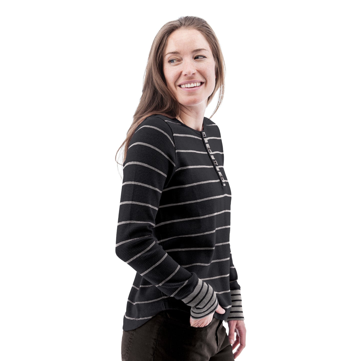 Striped Long Sleeve Henley Top. Style AVM13357XWF5