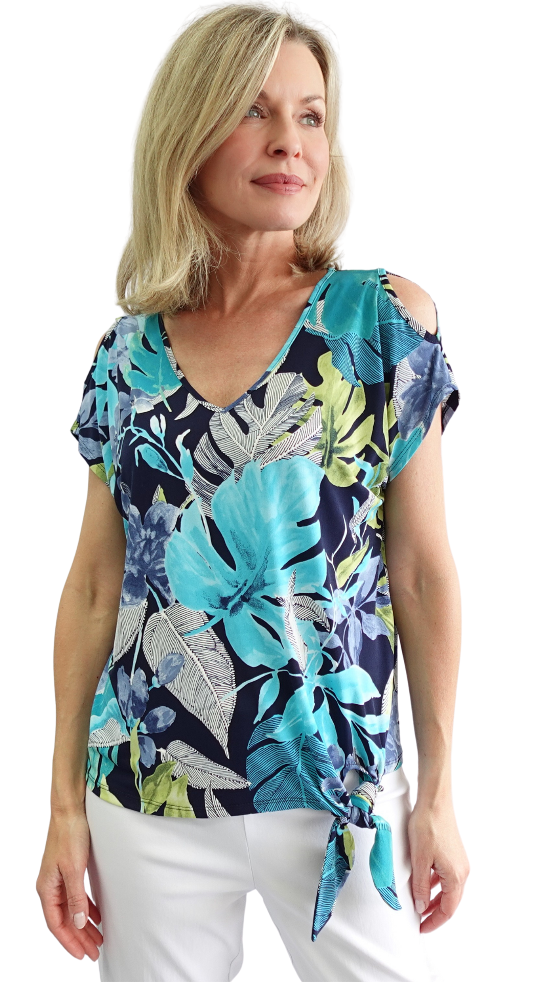 Foliage Print Cold Shoulder Top. Style SW92341