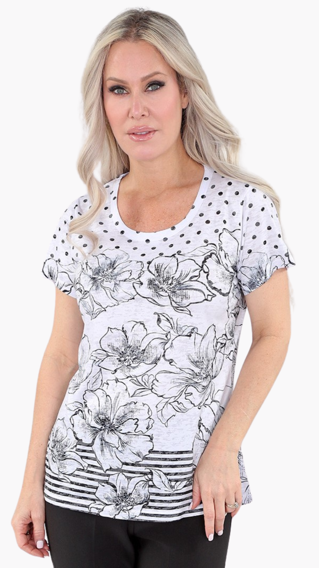 Polka Dot, Floral & Rhinestone T-Shirt. Style MT885