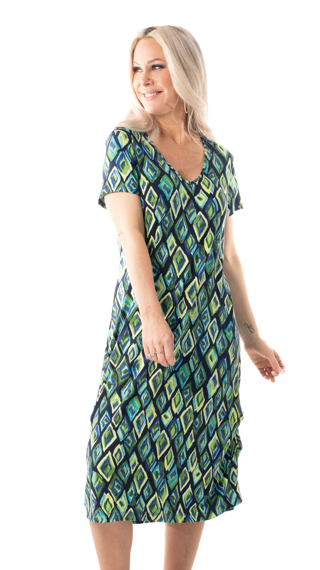 Blue & Green Tones Pattern Short Sleeve Dress. Style PE597-5018